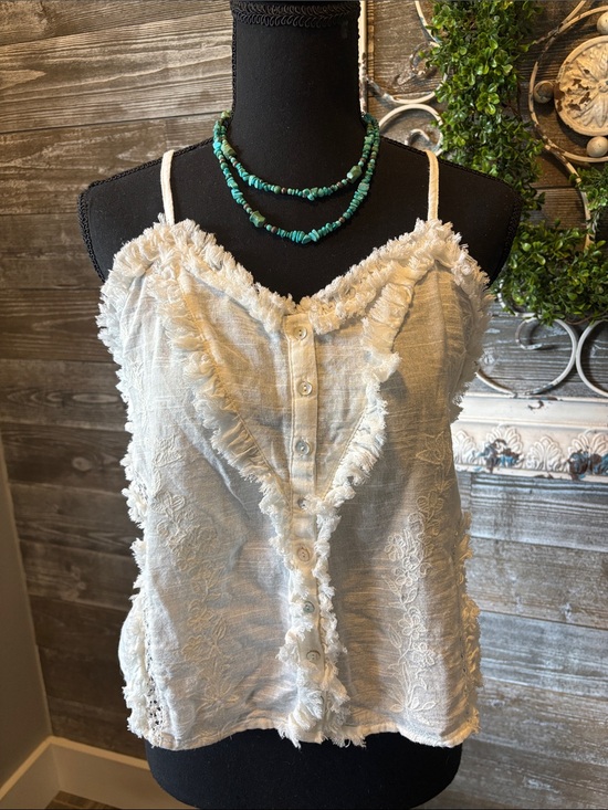 Tops - Boho Embroidered (Size M) Women's Cream Fringe-Trim Button Front Cami Top